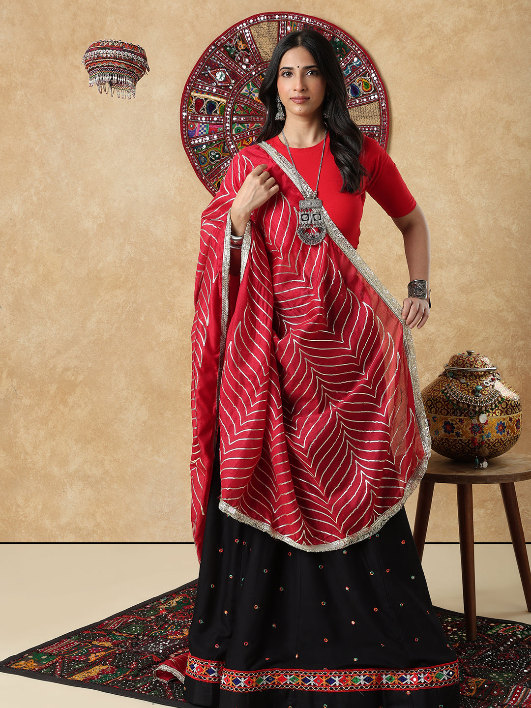 Red Silk Festive Garba Dupatta For Navratri