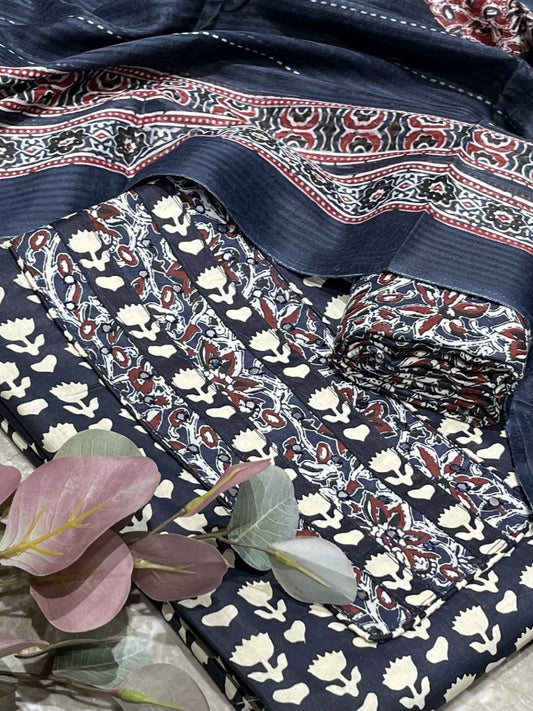 Navy Blue Cotton printed Unstitched Dress Material
