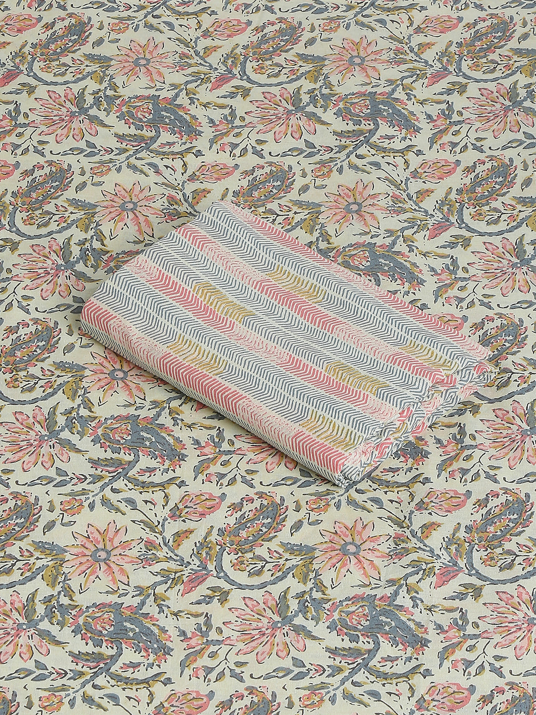 Cream Printed Cotton Printed Unstitched Dress Material (2 Pc)