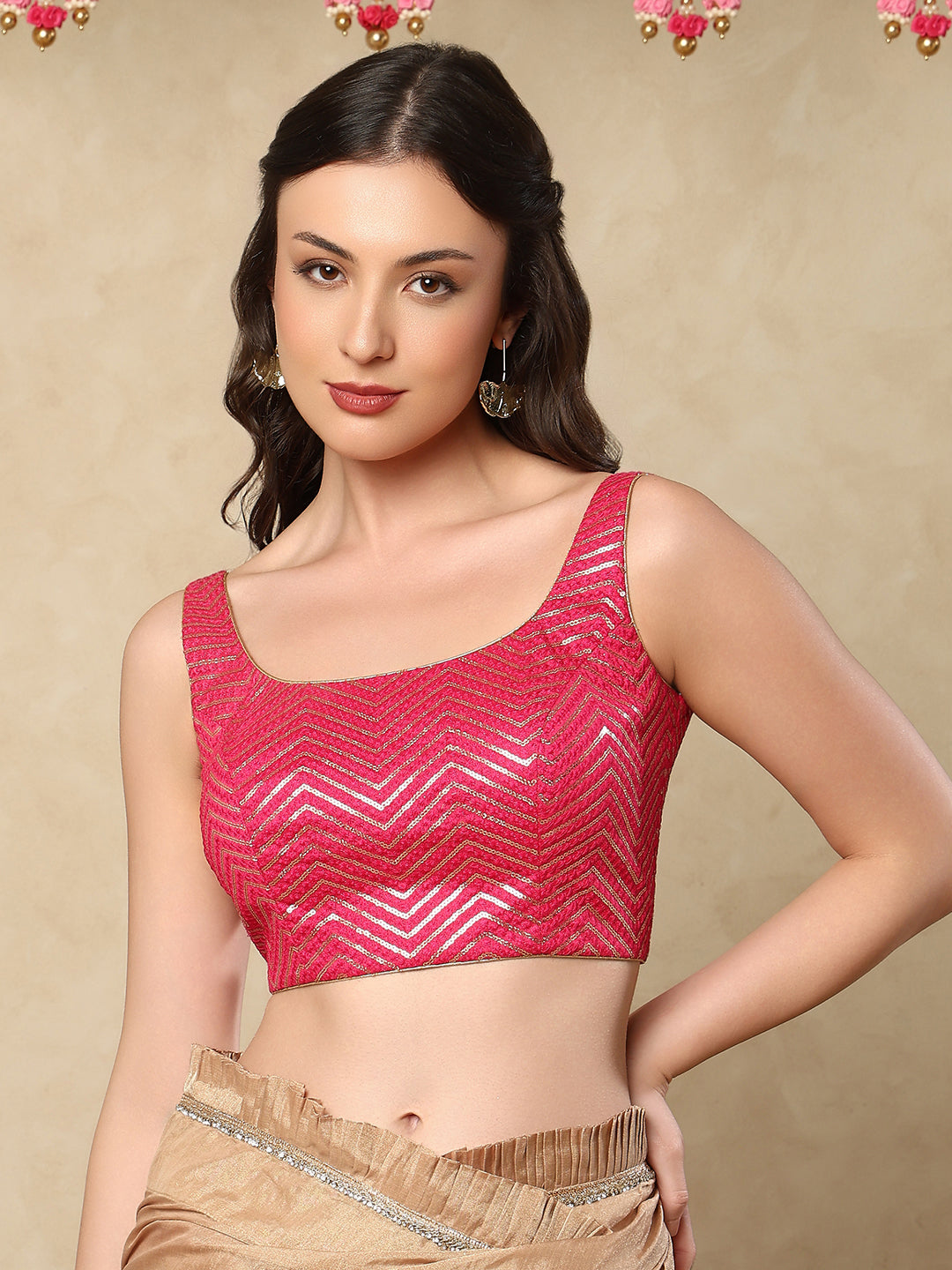 Pink Silk Round Neck Sleeveless Readymade Blouse
