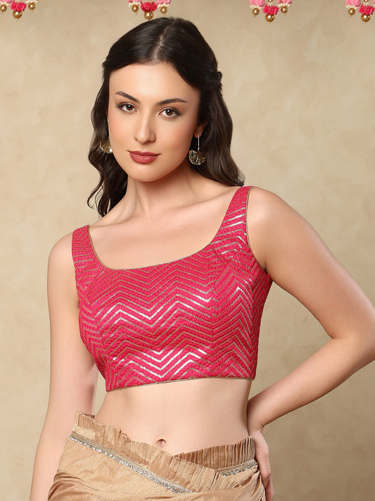 Pink Silk Round Neck Sleeveless Readymade Blouse
