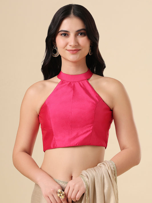 Pink Silk Halter Neck Readymade Blouse