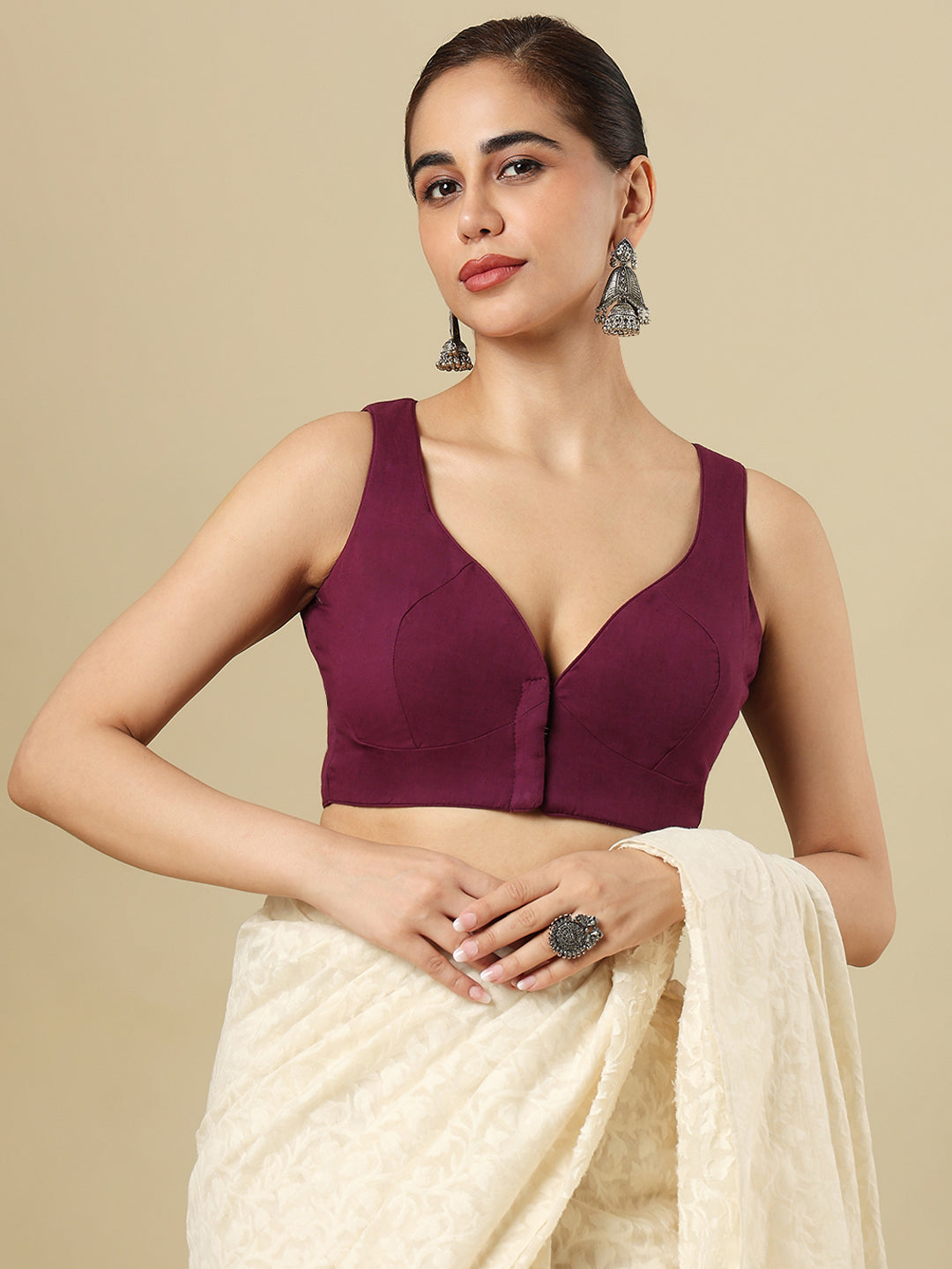 Wine Pure Cotton Sleeveless Readymade Blouse