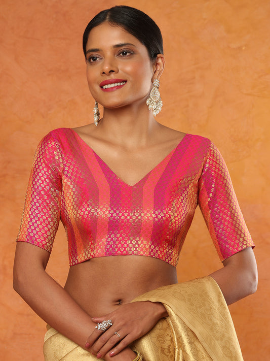 Pink Brocade V Neck Readymade Blouse