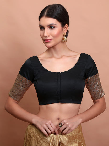 Black Silk Round Neck Readymade Blouse With Elbow Length Sleeves