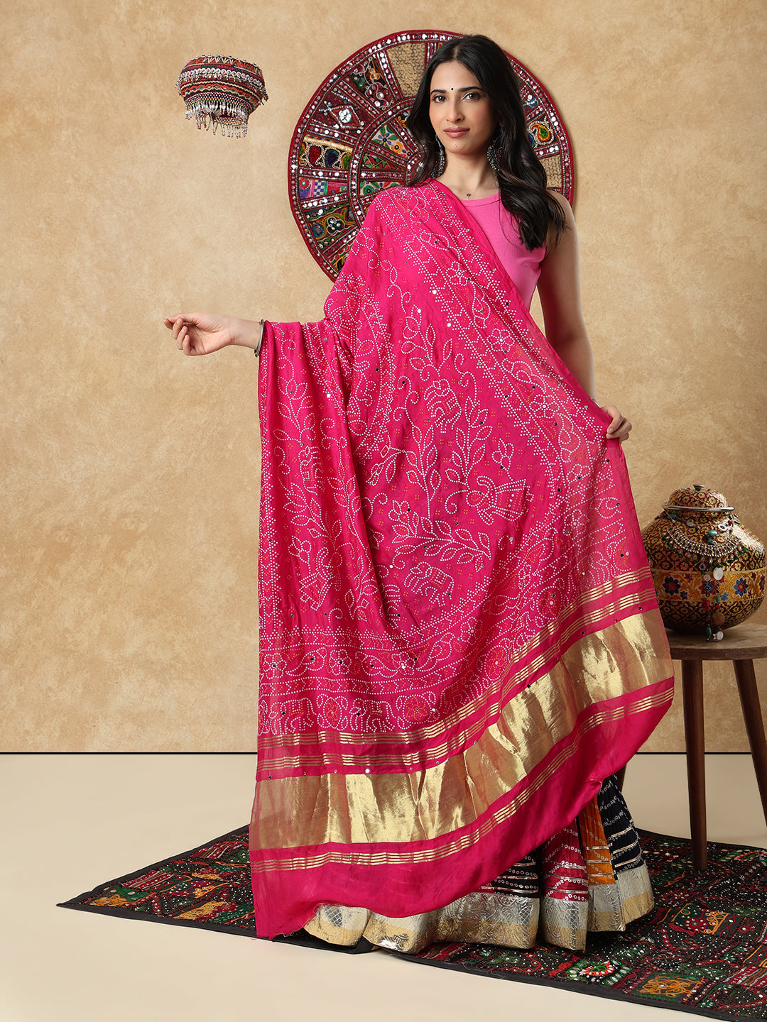 Pink Silk Bandhani Printed Festive Garba Dupatta For Navratri