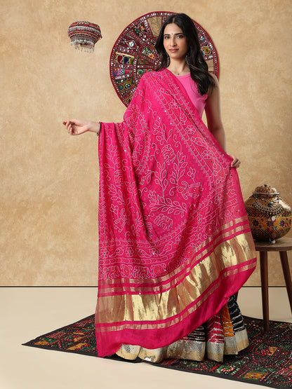 Pink Silk Bandhani Printed Festive Garba Dupatta For Navratri