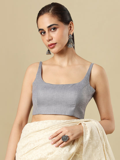 Grey Pure Linen Sleeveless Readymade Saree Blouse