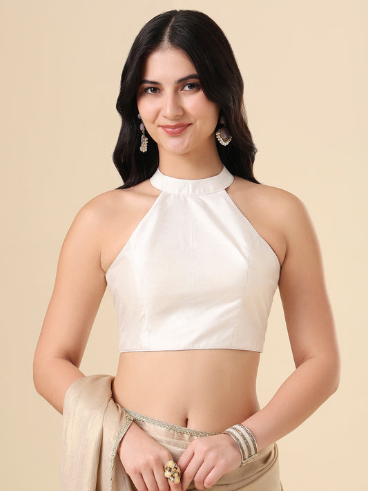 White Halter Neck Readymade Blouse