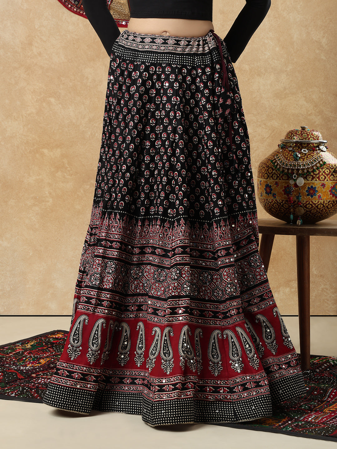 Ajrakh Mirror Work Garba Cotton Readymade Skirt For Navratri