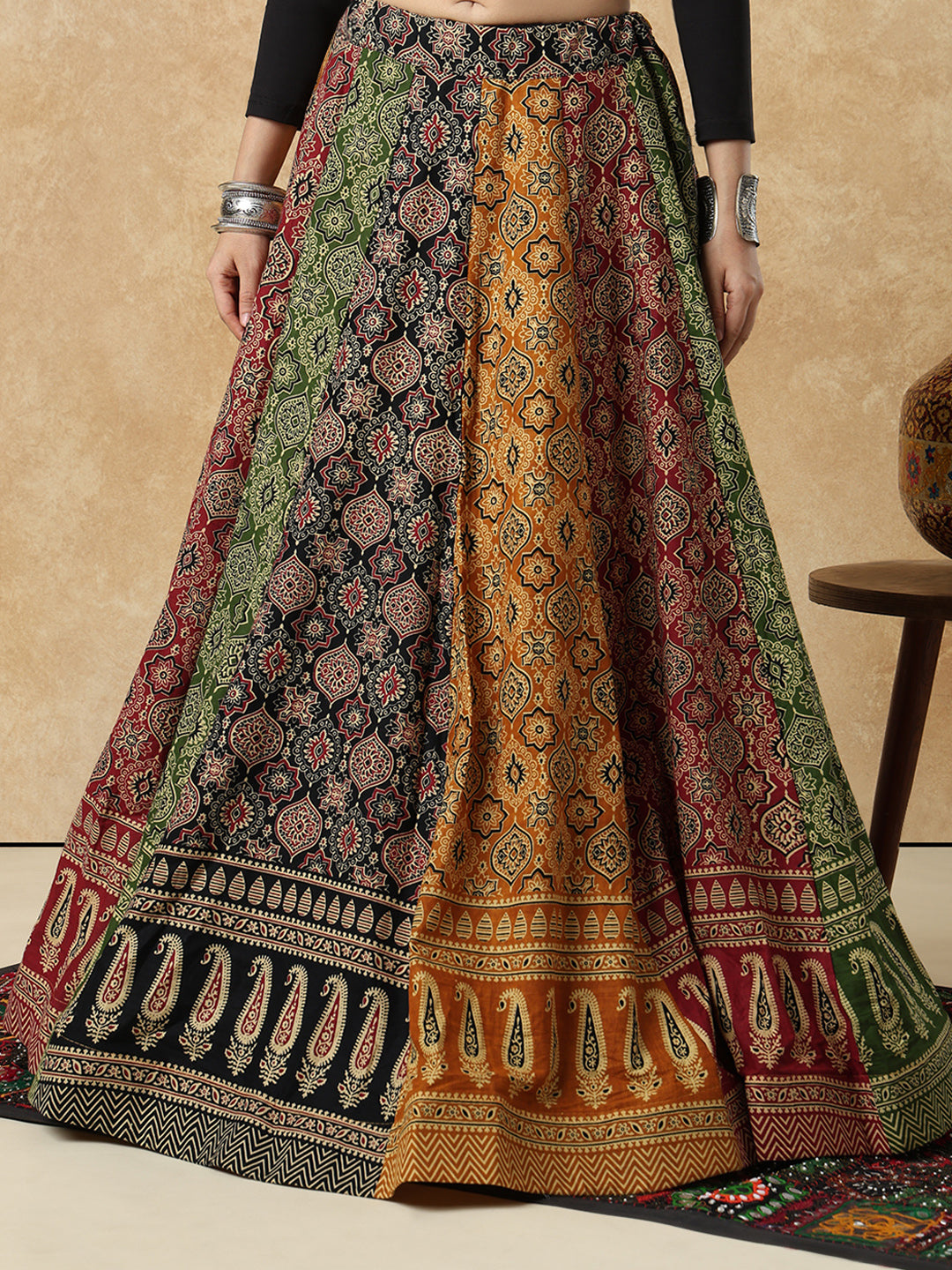 Multicolour Cotton Printed Garba Readymade Skirt For Navratri