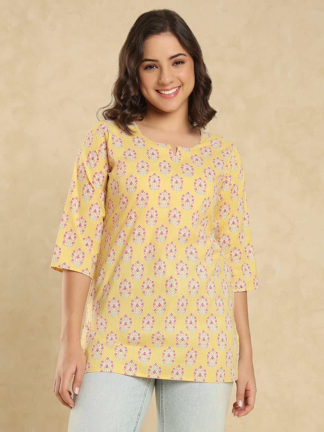 Yellow Cotton Printed Short Kurti