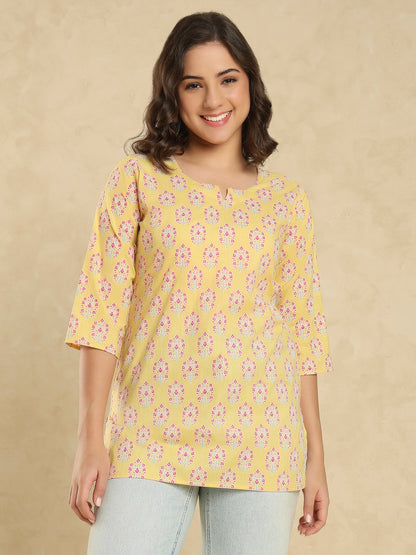Yellow Cotton Printed Short Kurti