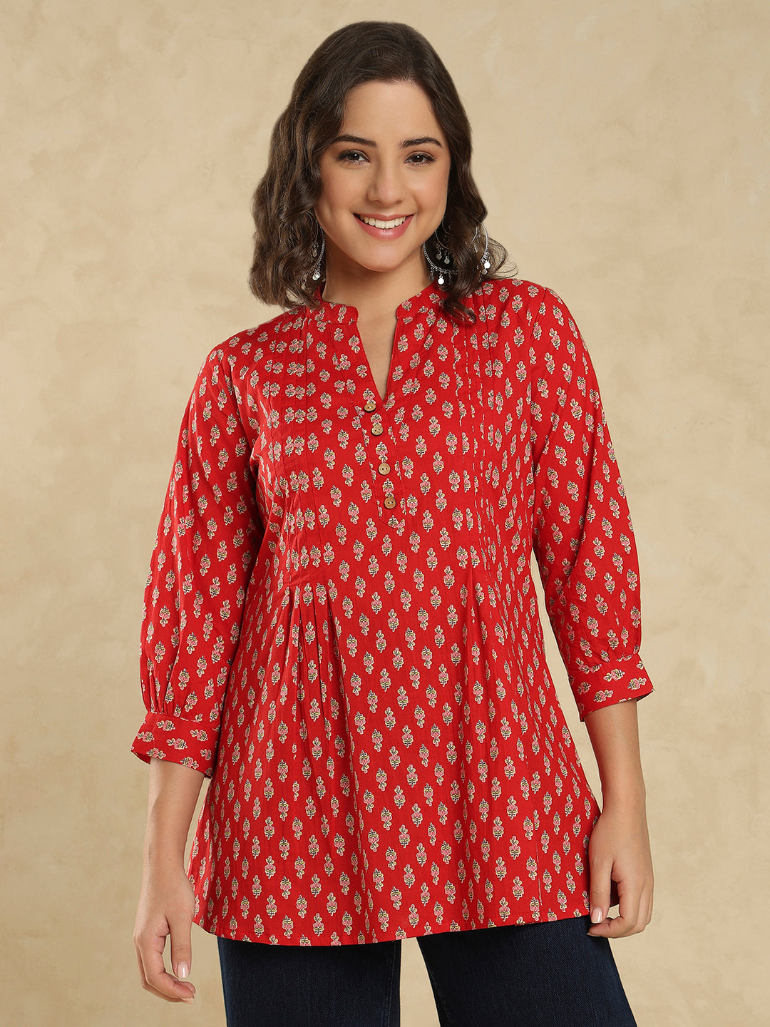 Red Cotton Ethnic Motifs Printed Short Kurti