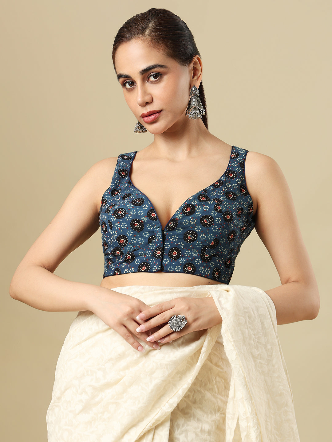 Blue Pure Cotton Ajrakh Hand Block Printed Readymade Blouse