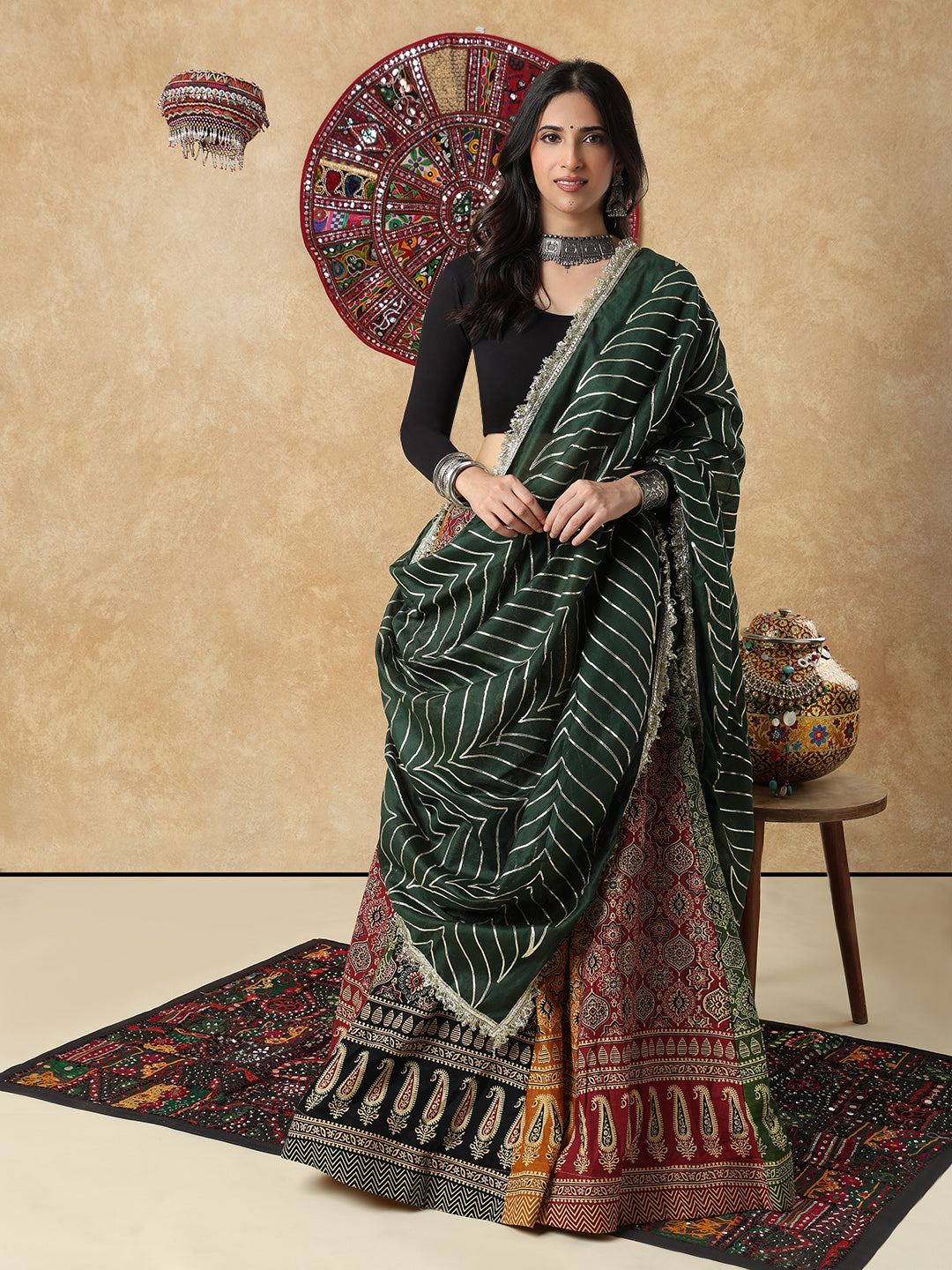 Green Silk Festive Garba Dupatta For Navratri
