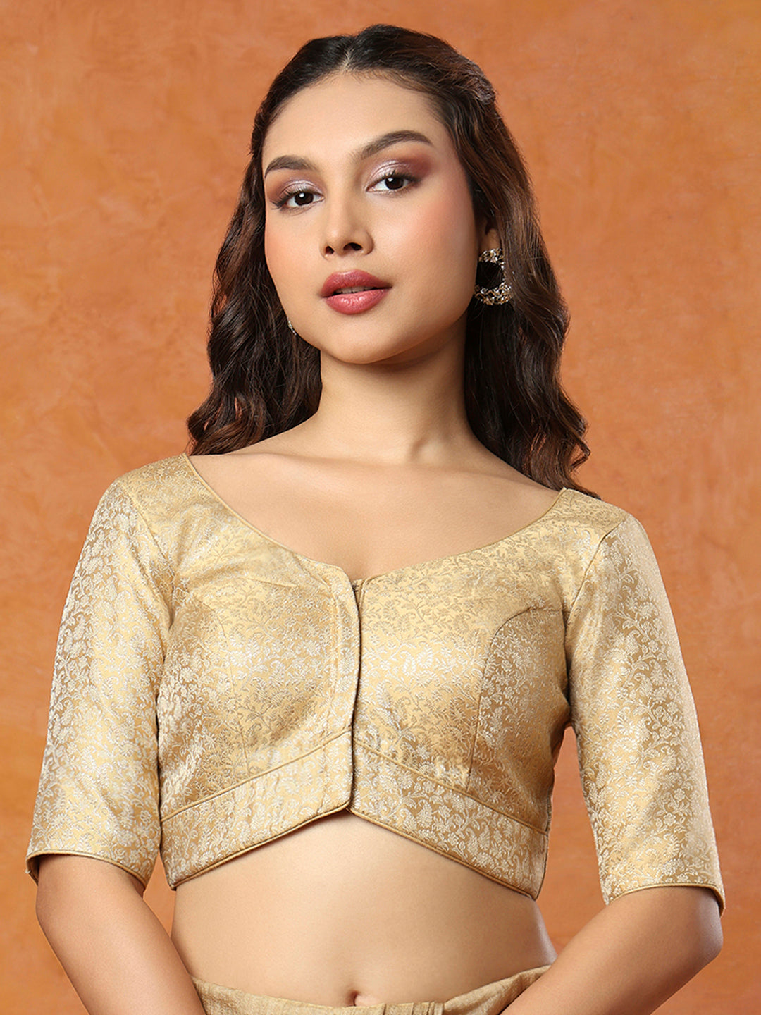 Gold Brocade Round Neck Readymade Blouse