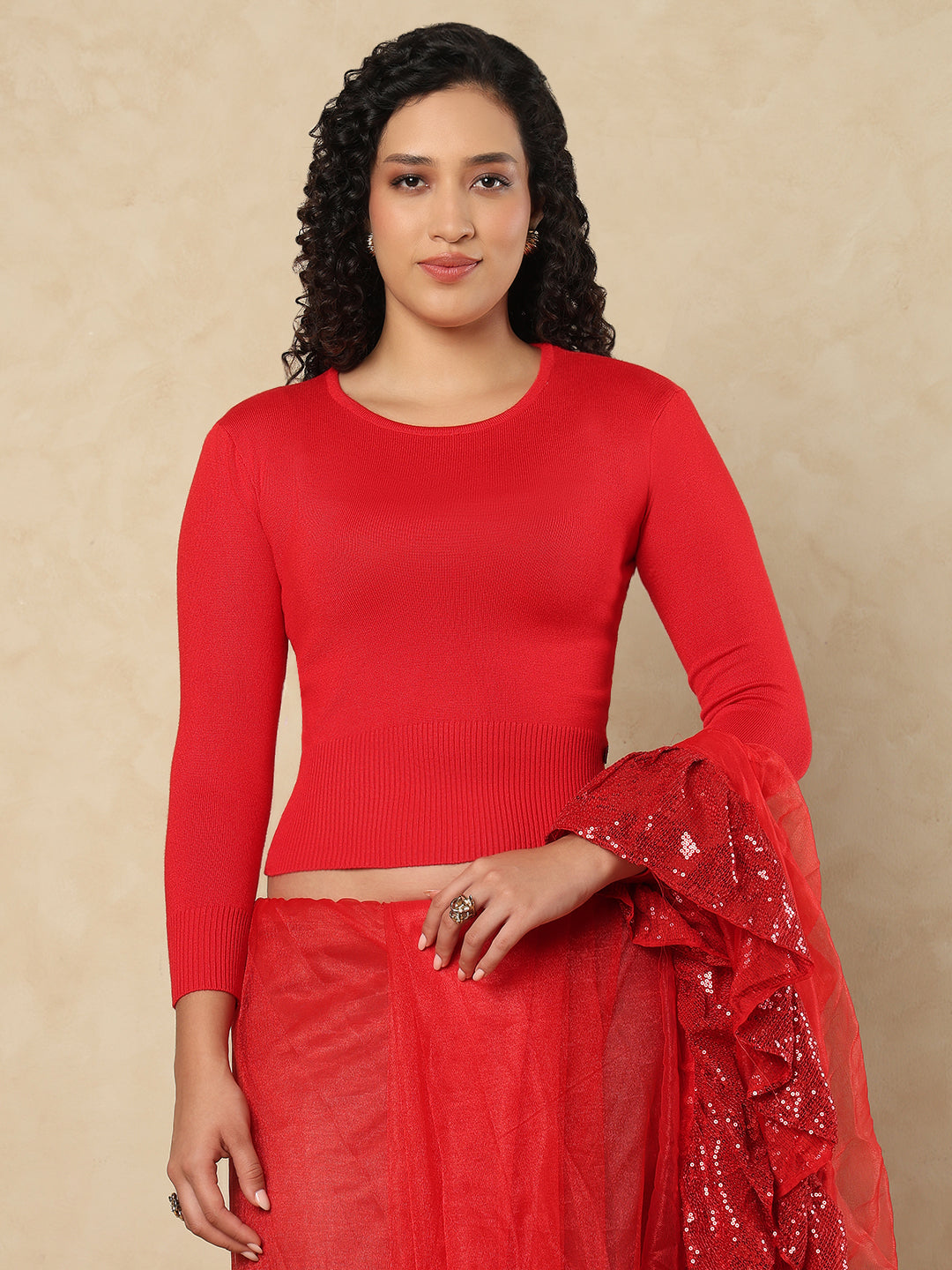 Red Woolen Round Neck Readymade Blouse