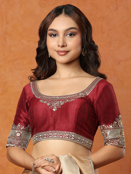 Maroon Mulberry Silk Round Neck Readymade Blouse