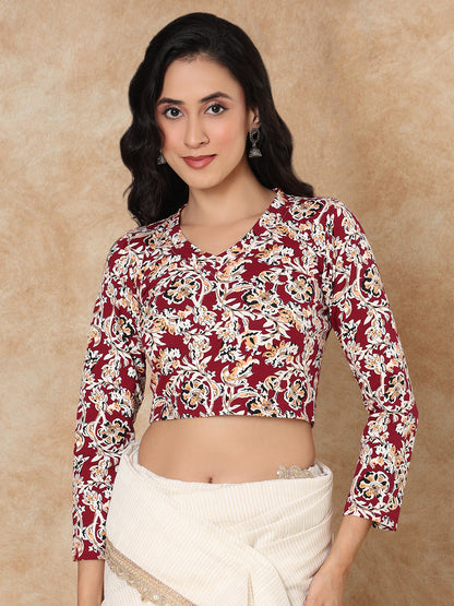 Multicolour Cotton Kalamkari Stretchable Readymade Blouse