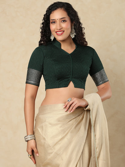 Green Cotton Lycra Stand Collar Readymade Blouse