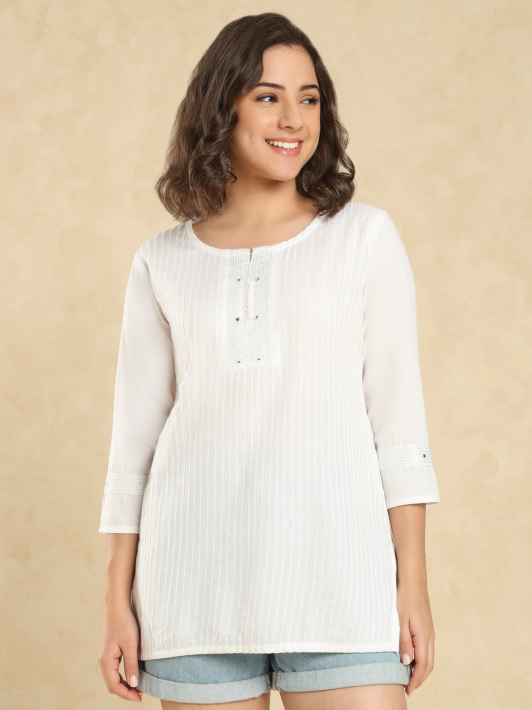 White Cotton Solid Embroidered Short Kurti