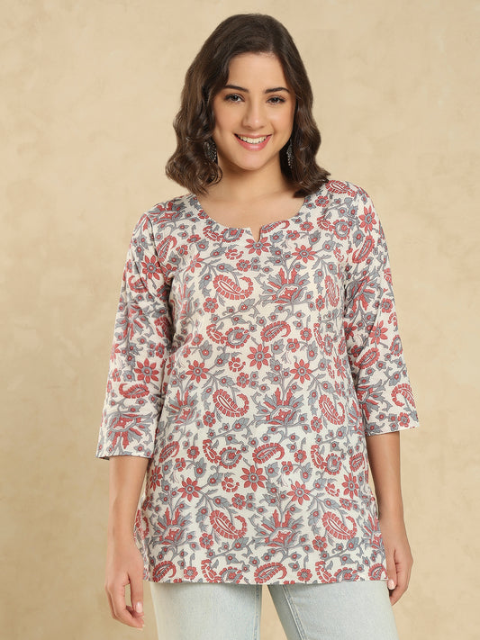 White Cotton Printed Short Kurti