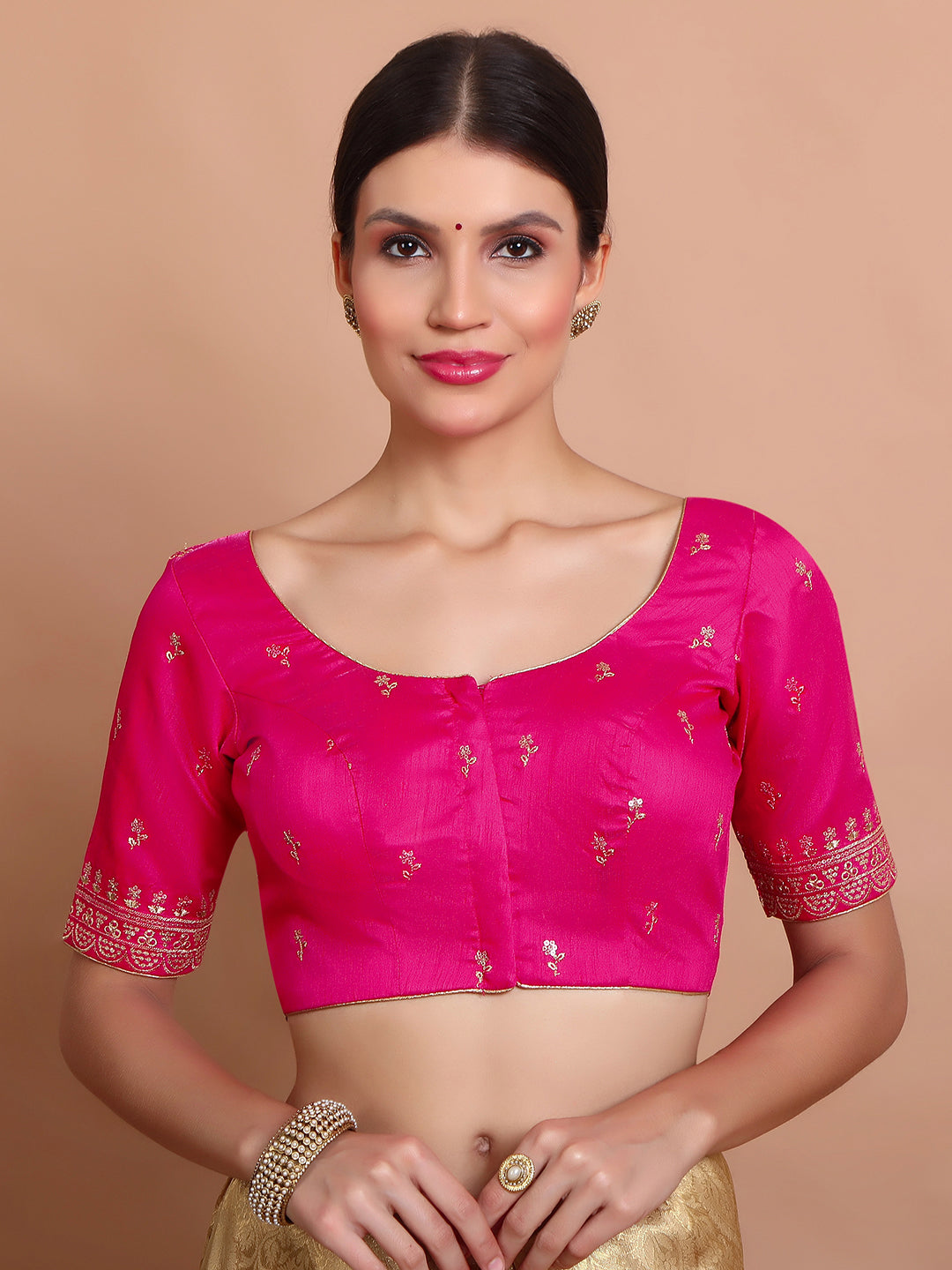 Pink Silk Embroidered Round Neck Readymade Blouse