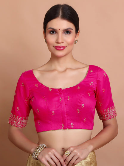 Pink Silk Embroidered Round Neck Readymade Blouse