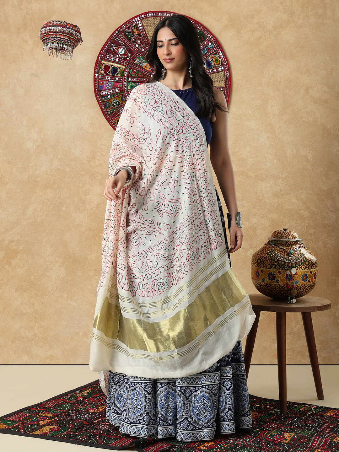 Cream Silk Bandhani Printed Festive Garba Dupatta For Navratri