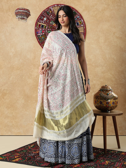 Cream Silk Bandhani Printed Festive Garba Dupatta For Navratri