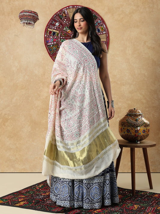 Cream Silk Bandhani Printed Festive Garba Dupatta For Navratri