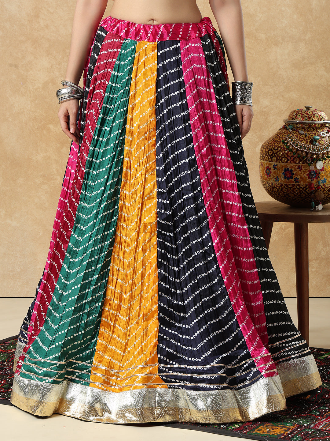 Multicolour Silk Bandhani Printed Garba Readymade Skirt For Navratri