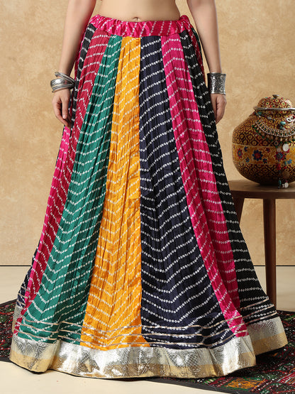 Multicolour Silk Bandhani Printed Garba Readymade Skirt For Navratri