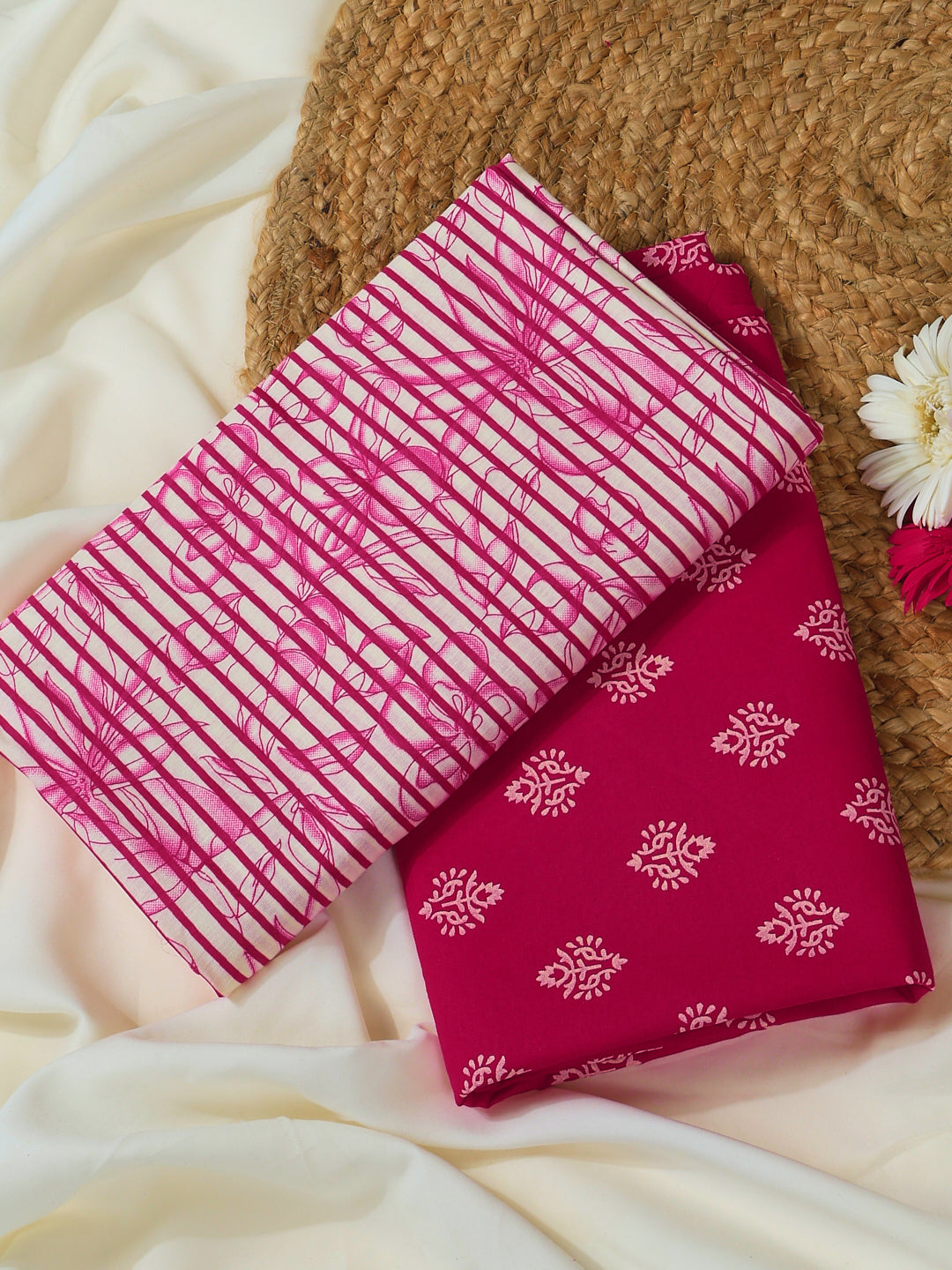 Pink Cotton Printed Unstitched Dress Material (2 Pc)