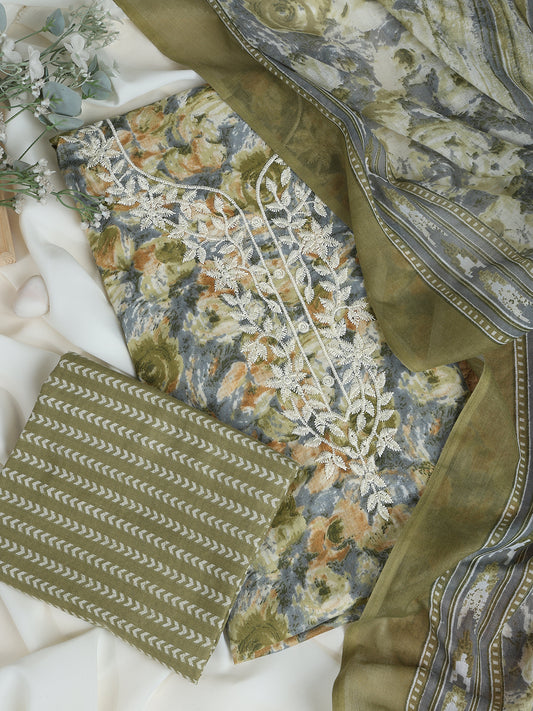 Cotton Embroidered Olive Green Unstitched Dress Material