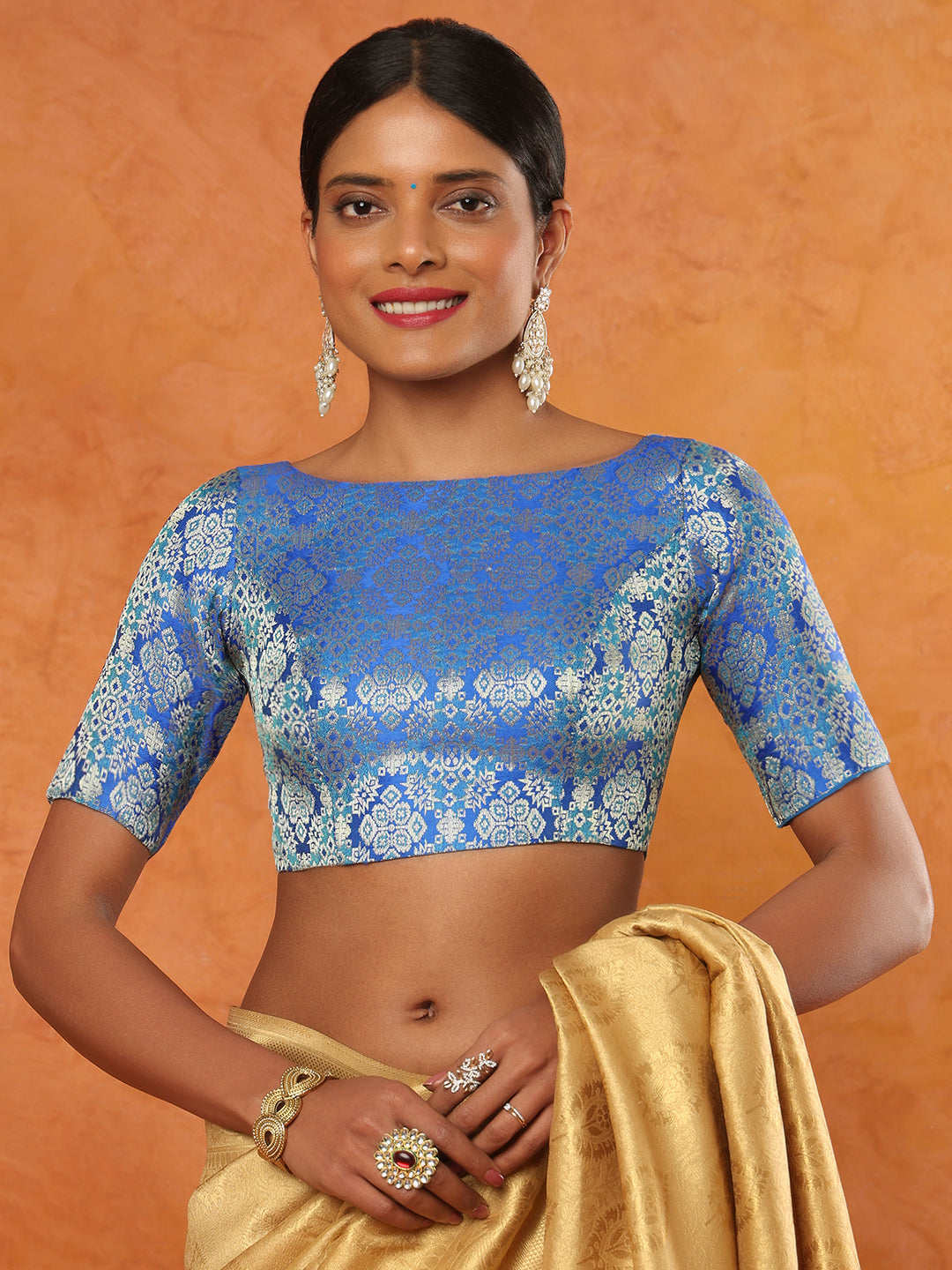 Blue Brocade  Neck Brocade Elbow Sleeves Readymade Saree Blouse