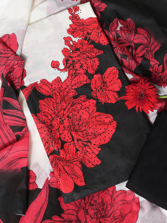 Cotton Embroidered Black & Red Unstitched Dress Material