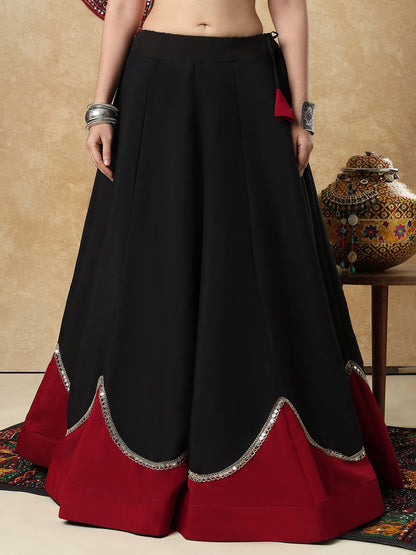 Black & Red Embellished Garba Cotton Readymade Skirt For Navratri