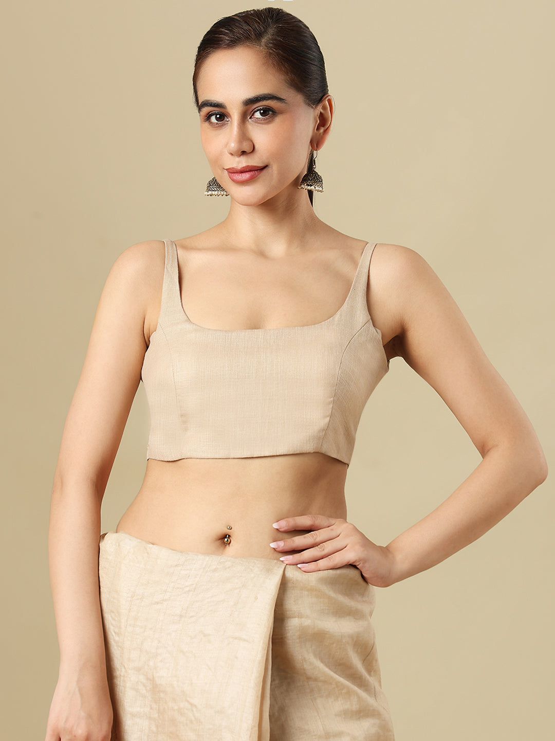 Beige Pure Linen Sleeveless Readymade Saree Blouse