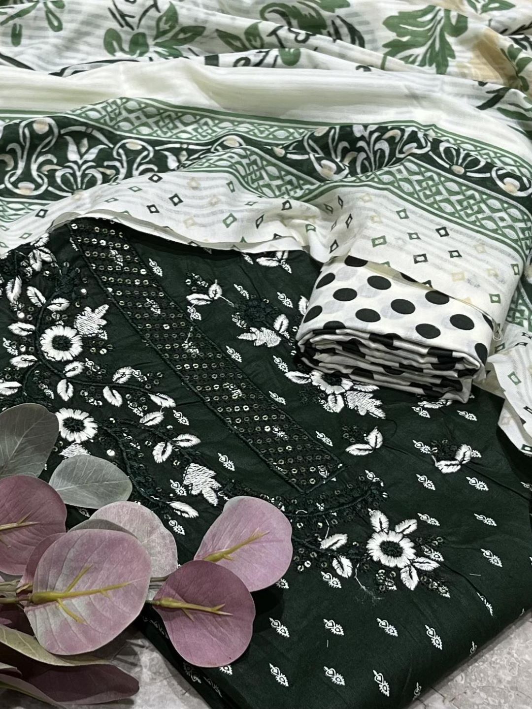 Green Cotton Embroidered Unstitched Dress Material