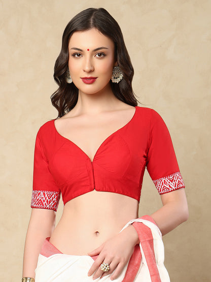Red Cotton Sweetheart Neck Hand painted Readymade Blouse