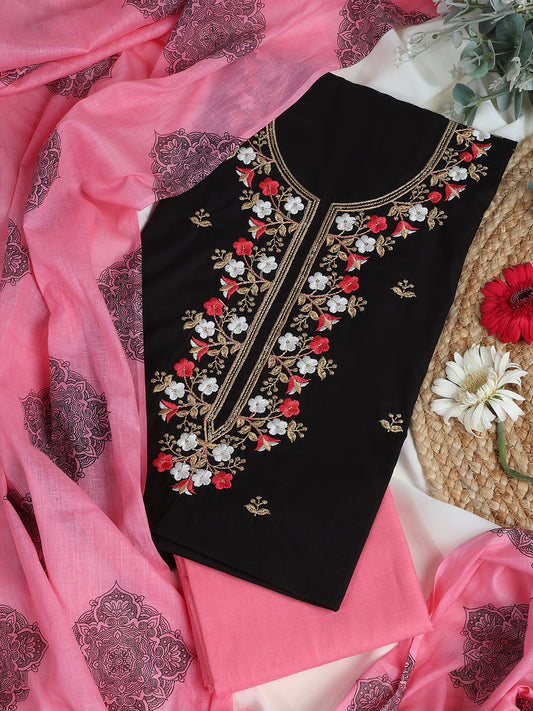 Cotton Embroidered Black & Pink Unstitched Dress Material