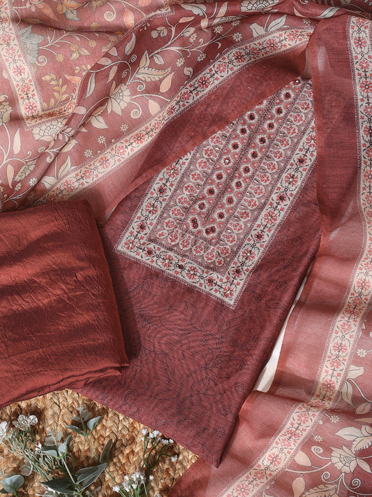 Maroon Chanderi Silk Embellished Unstitched Dress Material (3 Pc)