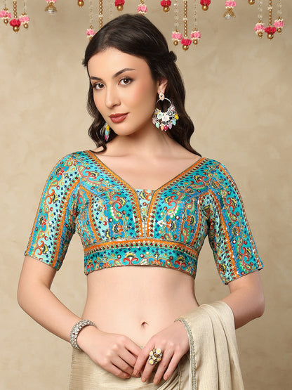 Sea Blue silk V Neck Readymade Blouse