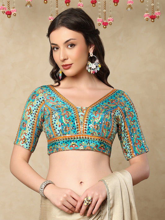 Sea Blue silk V Neck Readymade Blouse