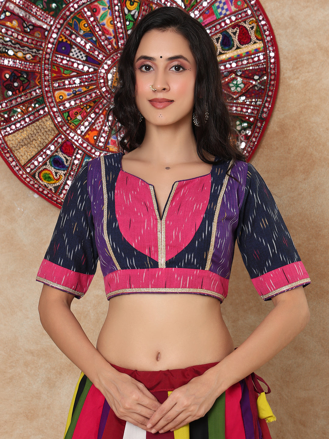 Multicolour Cotton Ikat V Neck Readymade Blouse