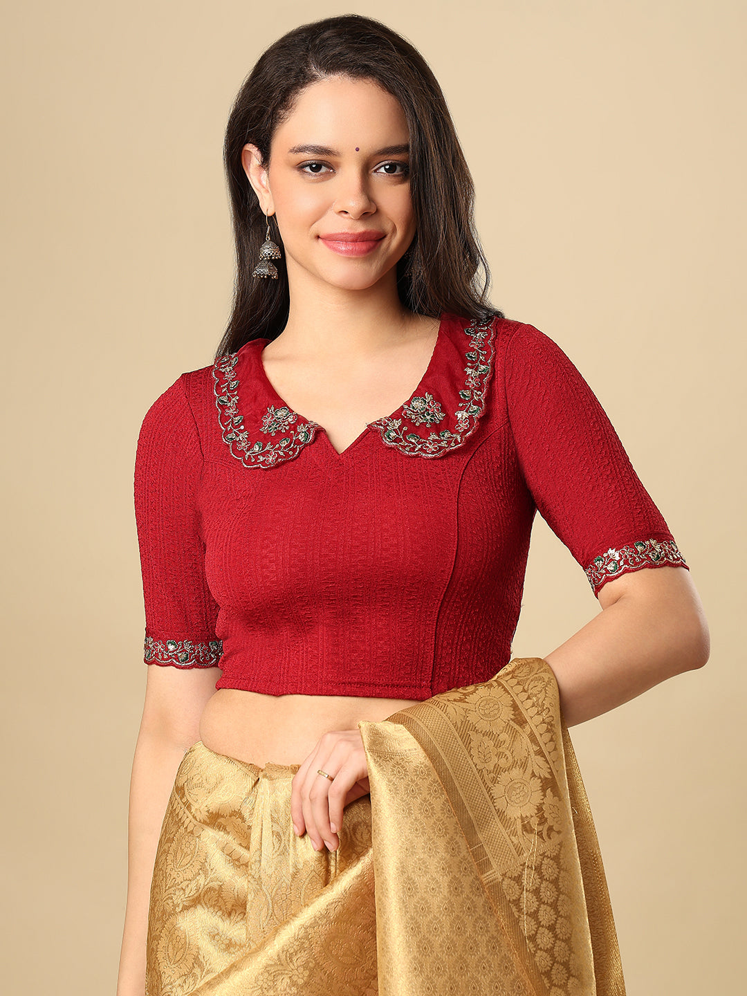 Maroon Embroidered Non Padded Stretchable Saree Blouse