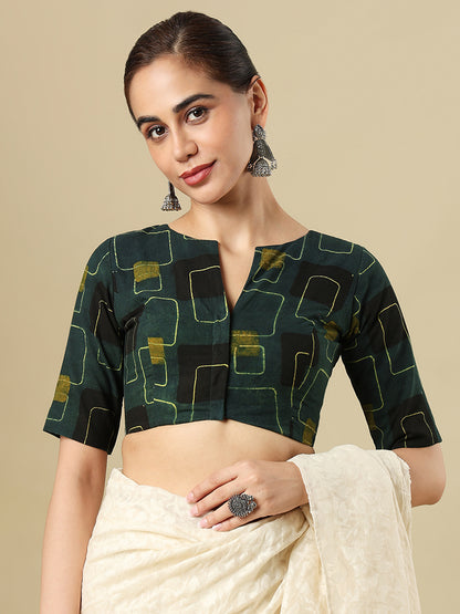 Ajrak Block Printed Cotton Boat Neck Padded Saree Blouse