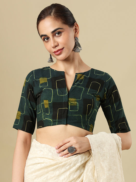 Ajrak Block Printed Cotton Boat Neck Padded Saree Blouse